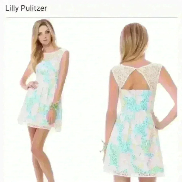 LILLY PULITZER dress Morrison White Lace Overlay Bright Floral MOJO print - Picture 1 of 6
